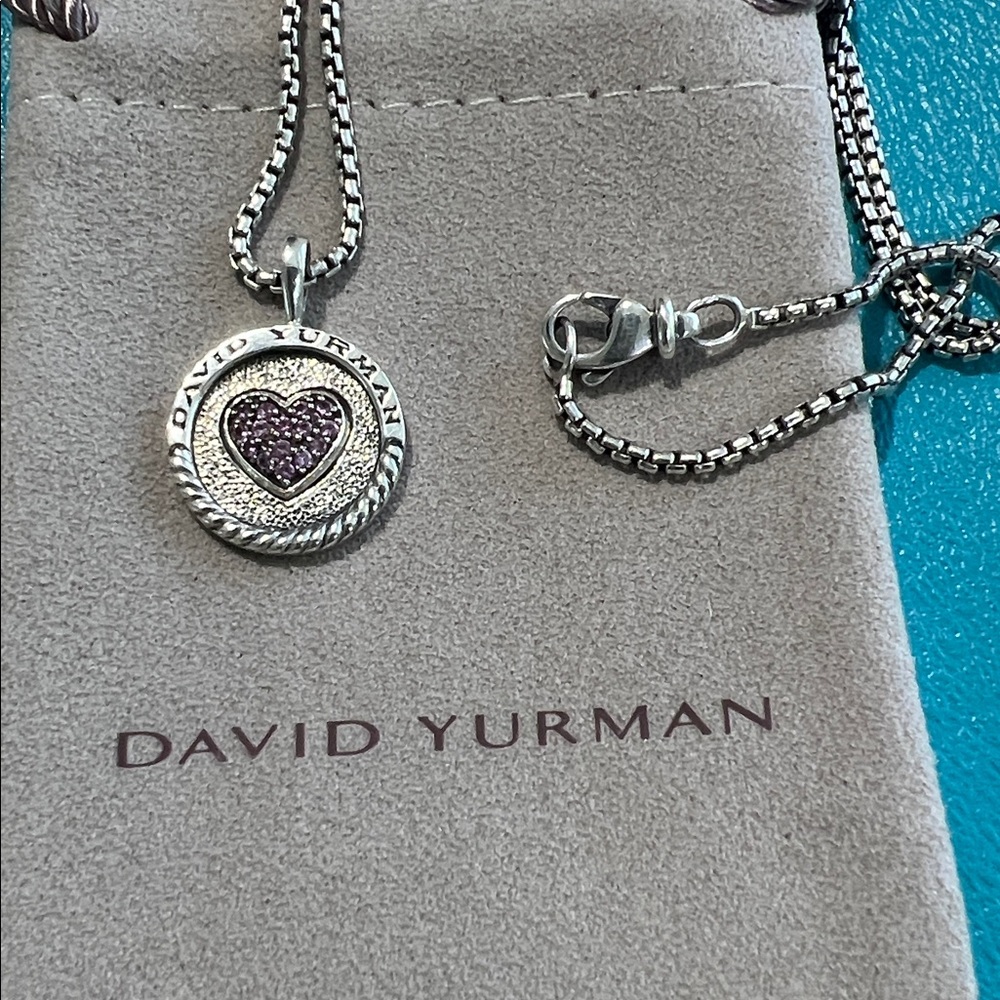 David Yurman Sterling Silver Pink Sapphire Heart Charm Necklace - Picture 5 of 5
